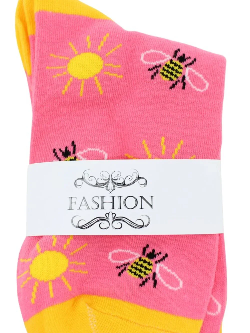 Women's Coral Pink & Yellow Sun & Bee Cotton Crew Socks